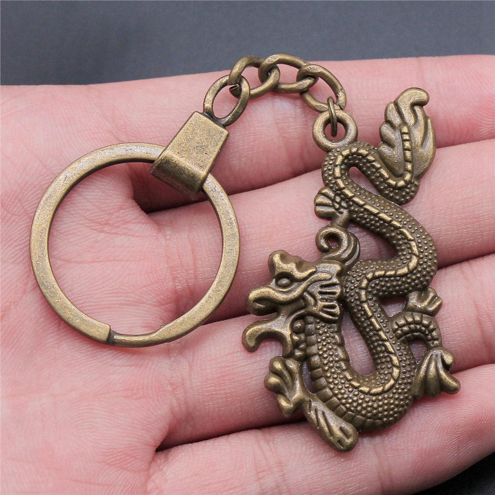 Dinosaur Animal Prehistoric Creature Pendant Antique Bronze Metal Keychain with 30mm Ring for Women High Quality