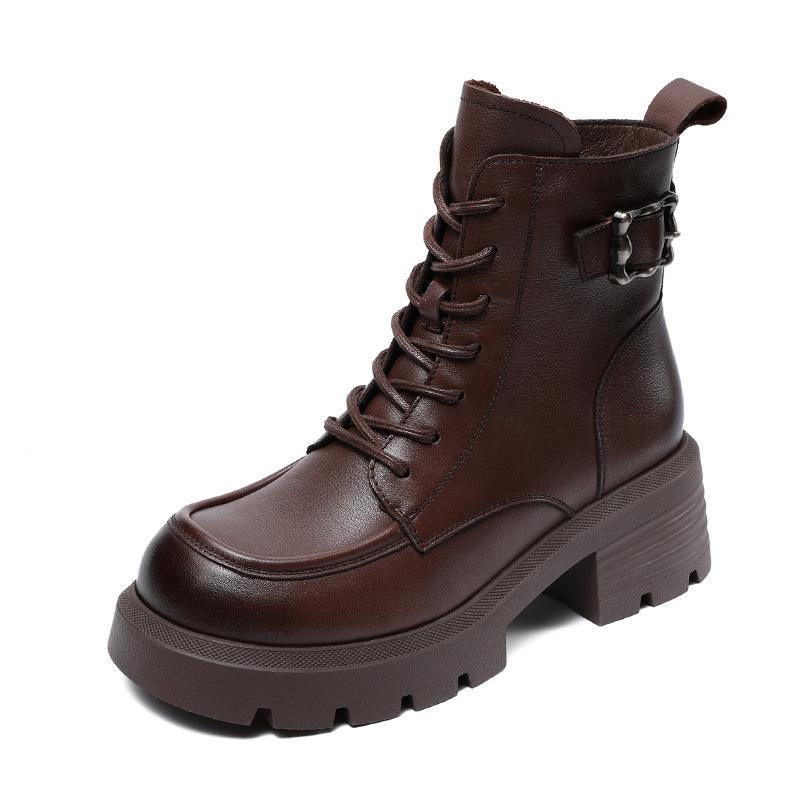 2026 autumn and winter new thick-soled thick-heeled leather British style showing feet small velvet Martin boots women's retro short boots