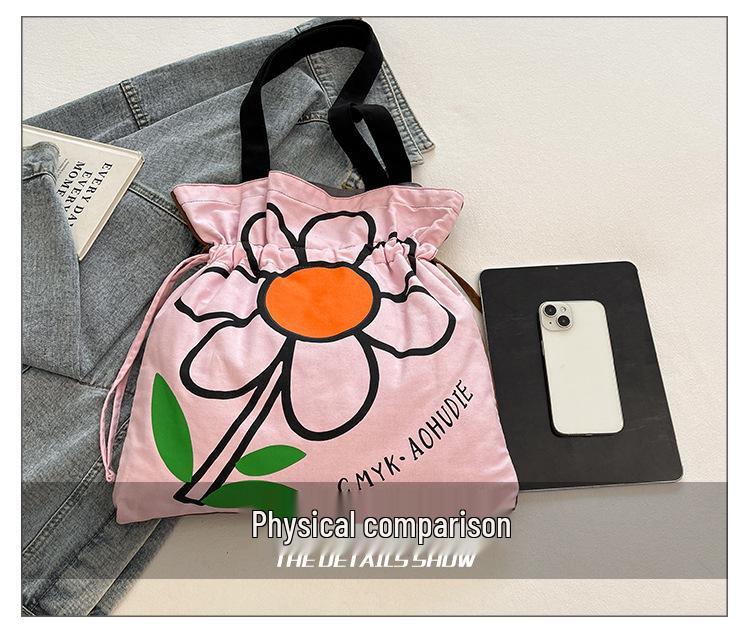 Floral Print Canvas Shoulder Handbag: Trendy Pleated Drawstring Design for Women
