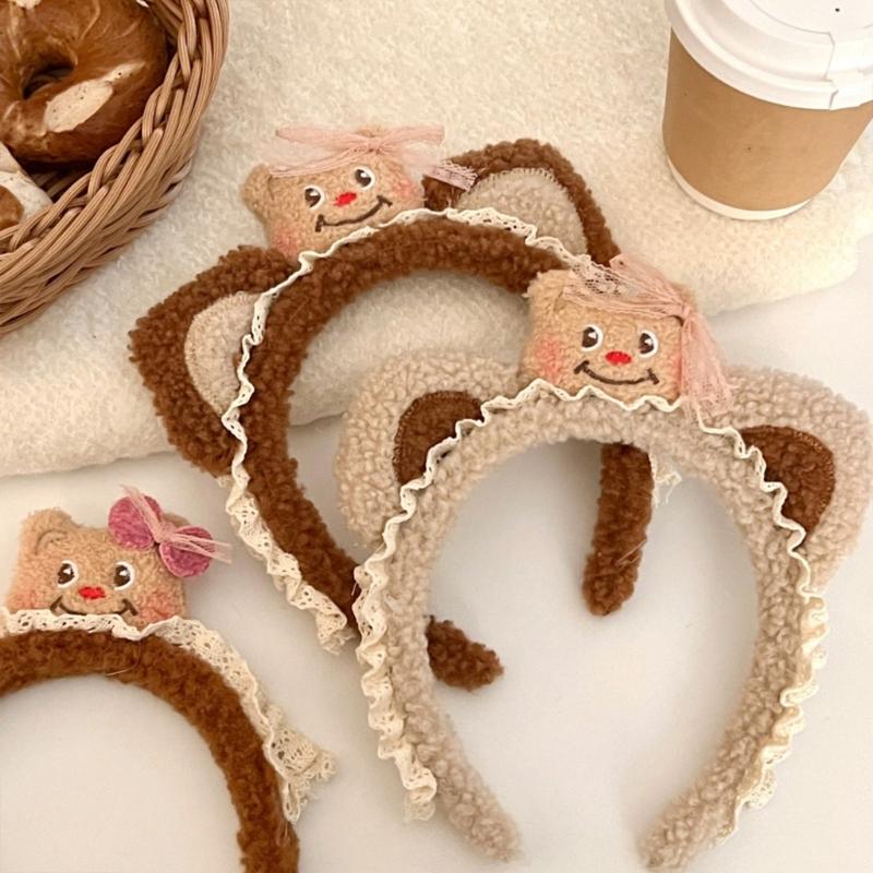 Lace Plush Bear Hairhoop for Adult Children Theme Party Props Cartoon Bear Headband for Women Face Washing Kids Birthday