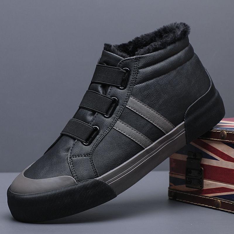 Men's Fleece-Lined Winter Slip-On Casual Leather Shoes - Korean Style, Non-Slip, Warm, Mid-Top Trendy Sneakers