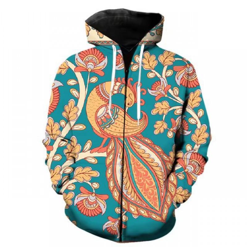3D Digital Print Hooded Zip-Up Oversized Casual Sweatshirt Men Loose Fit Streetwear