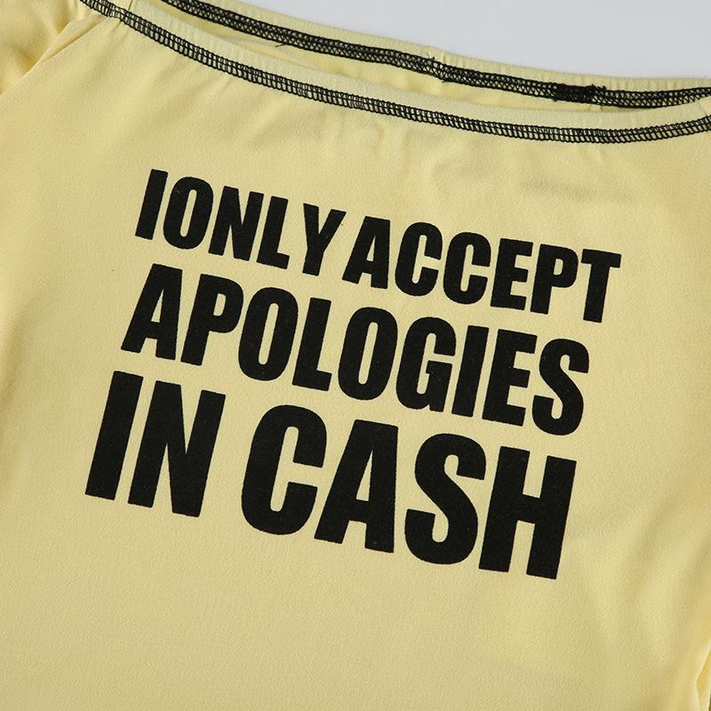 European and American autumn and winter women's sexy spicy girl one shoulder letter printed tight T-shirt top