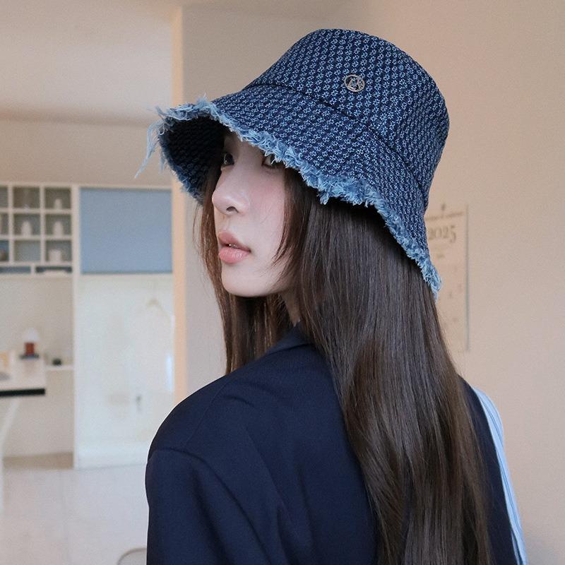 25 early autumn new big eaves lattice rough edge high quality bucket hat sunshade sunscreen washbasin hat