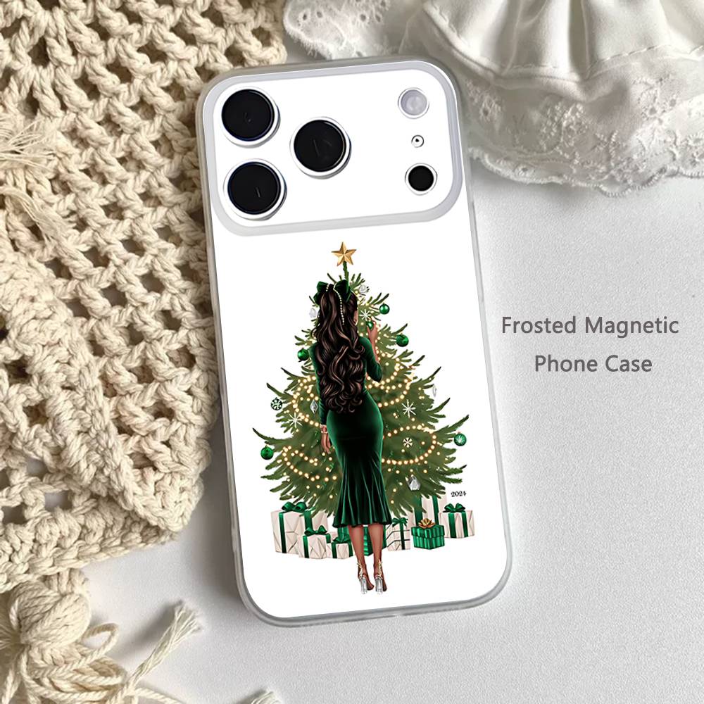 Christmas Tree Girl GiftS Frosted Clear Magnetic Case for iPhone 17,16,15,14,13,12,11 Pro,Max,Plus,Mini,Air,E