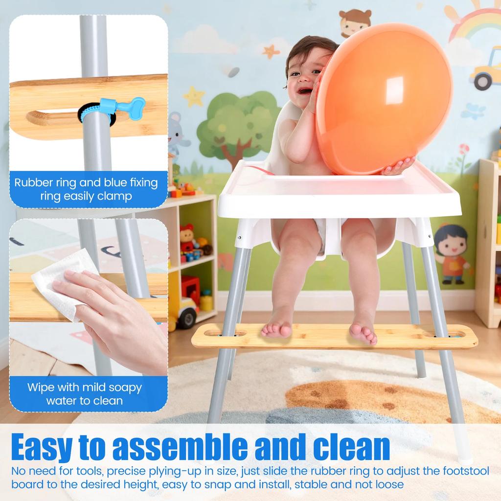 2Pcs Bamboo High Chair Foot Rest Easy Installation Adjustable Height Baby Highchair Pedal for Home Restaurant Dining