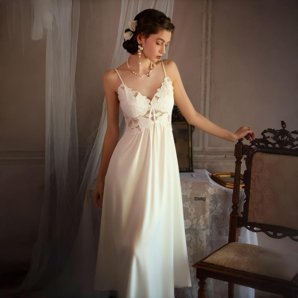 French Romantic Lace Nightgown & Silk Robe Set - High-End Elegant Homewear