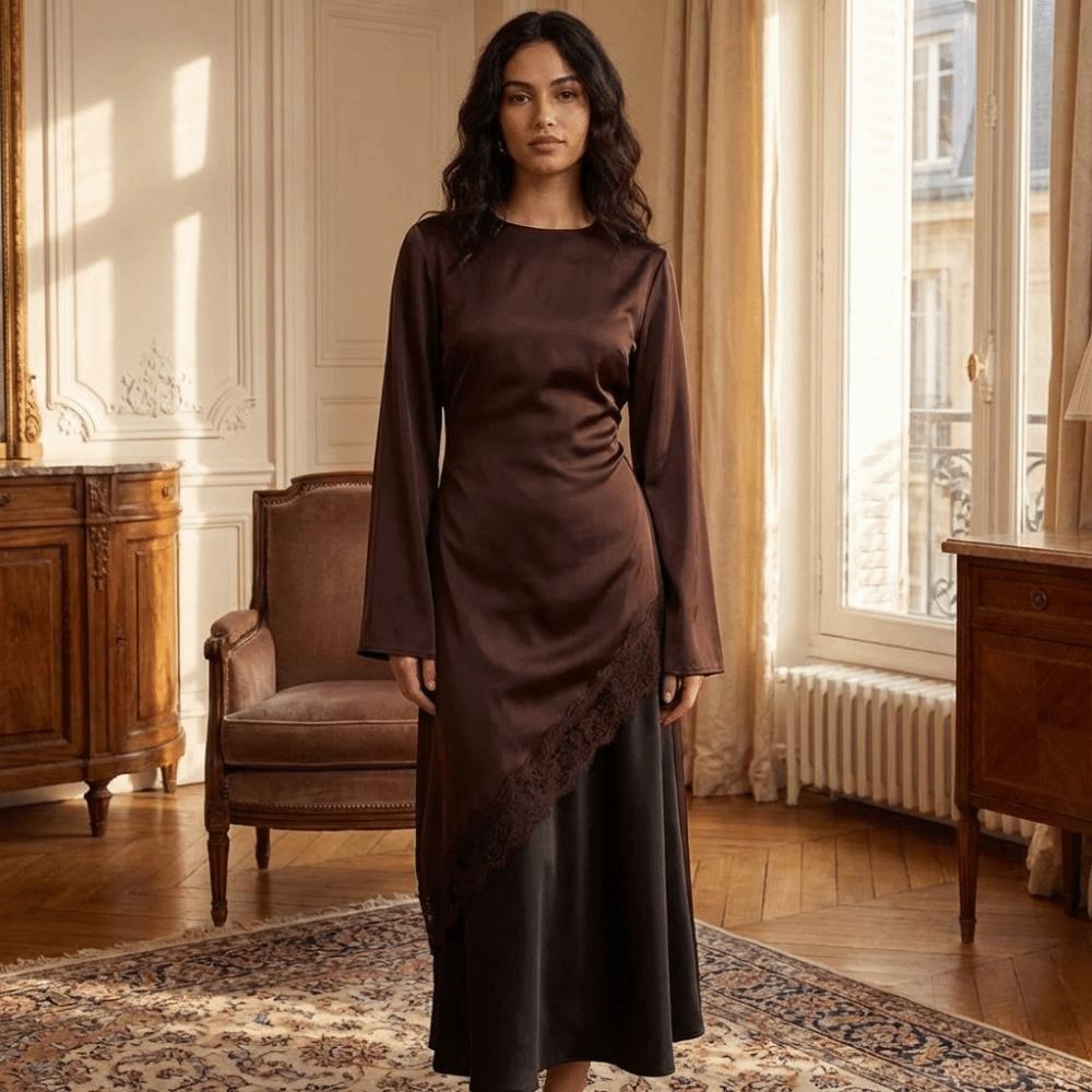 Long Sleeve Drooping Style Blouse Lace Lower Hemline Long Shirt Irregular Dress Commute Outing