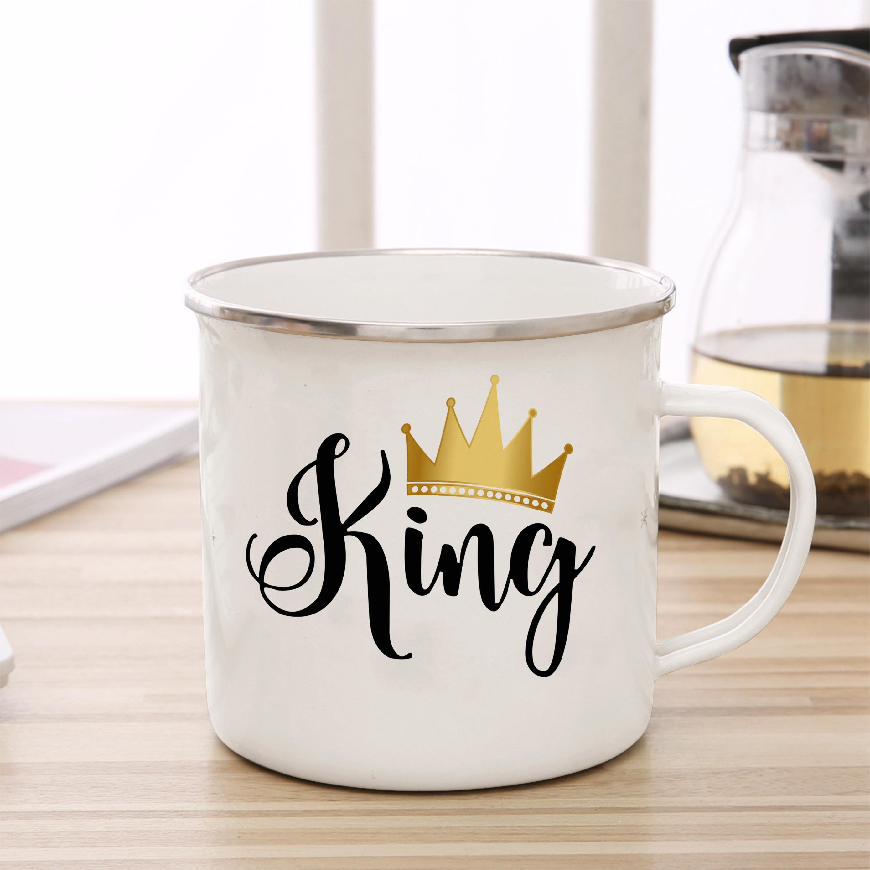 

Смешная эмалевая кружка King Queen Prince Princess с золотым принтом короны, кофейные чашки, персонализированные подарки, посуда для напитков, необычная чайная чашка Enamel Cup