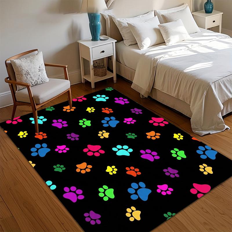 Black Area Rug with Vibrant Multicolor Paw Prints Floor Mat for Bedroom Living Room Nursery Playful Pet Themed Home Decor