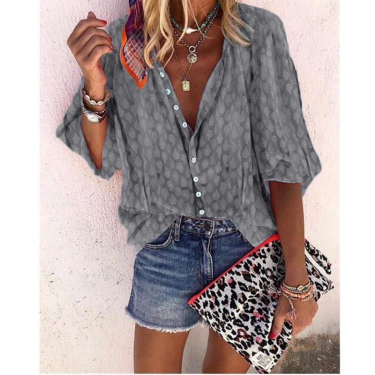 Printed Long Sleeve Loose Shirt Top Women Single Breasted Lapel Autumn Spring