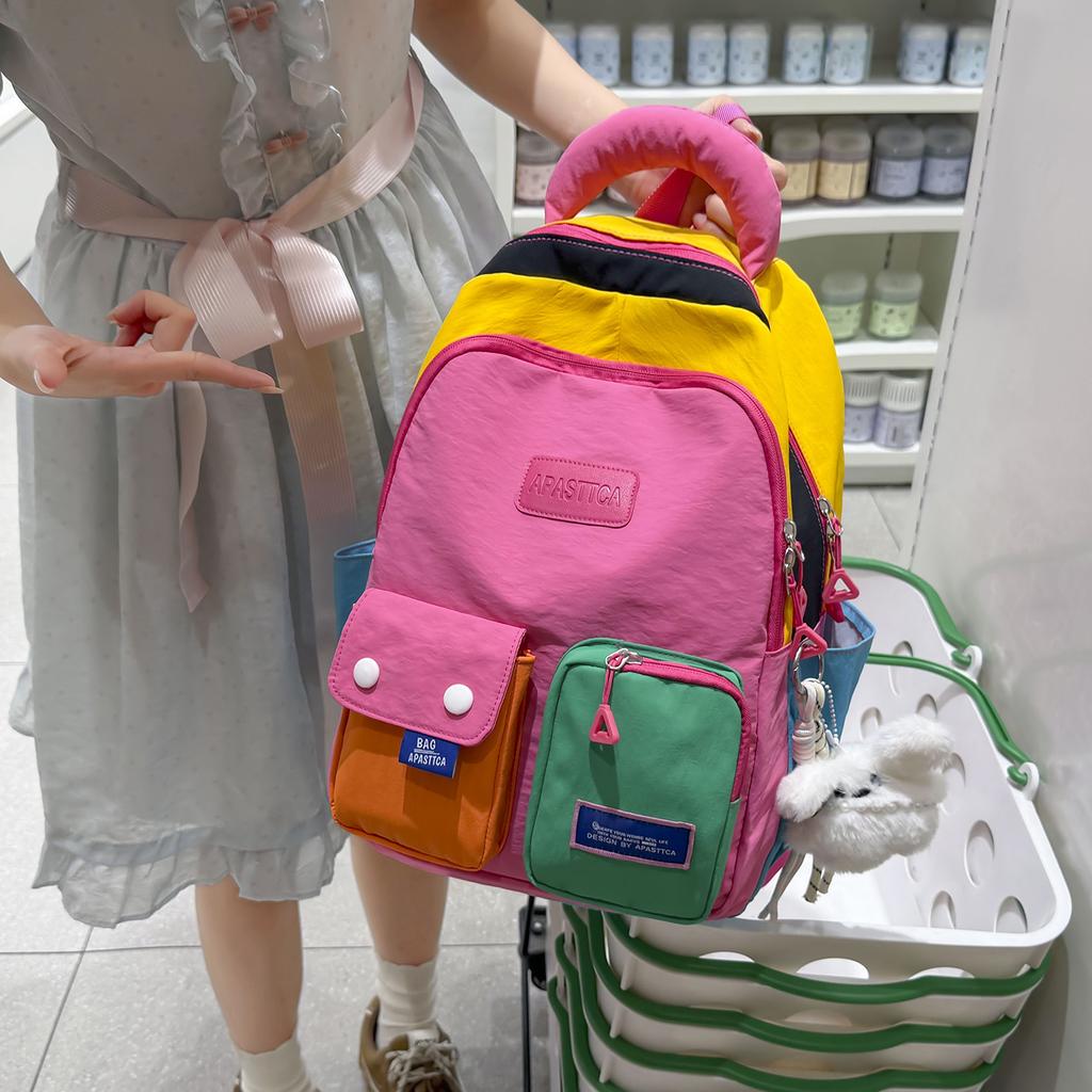School Bag New Dopamine Backpack for Women, Large Capacity Color-Block Casual Travel Lightweight Backpack for Middle and High School Students