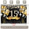 1 piece of 2D flat banner, 15th birthday background, black and gold birthday party decoration, glittering balloon background