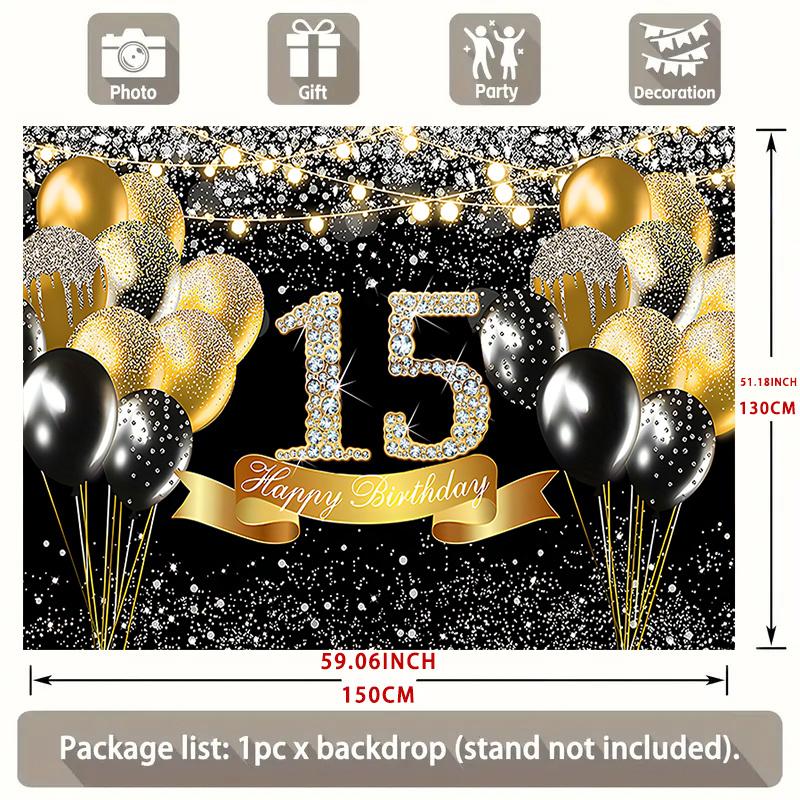 1 piece of 2D flat banner, 15th birthday background, black and gold birthday party decoration, glittering balloon background