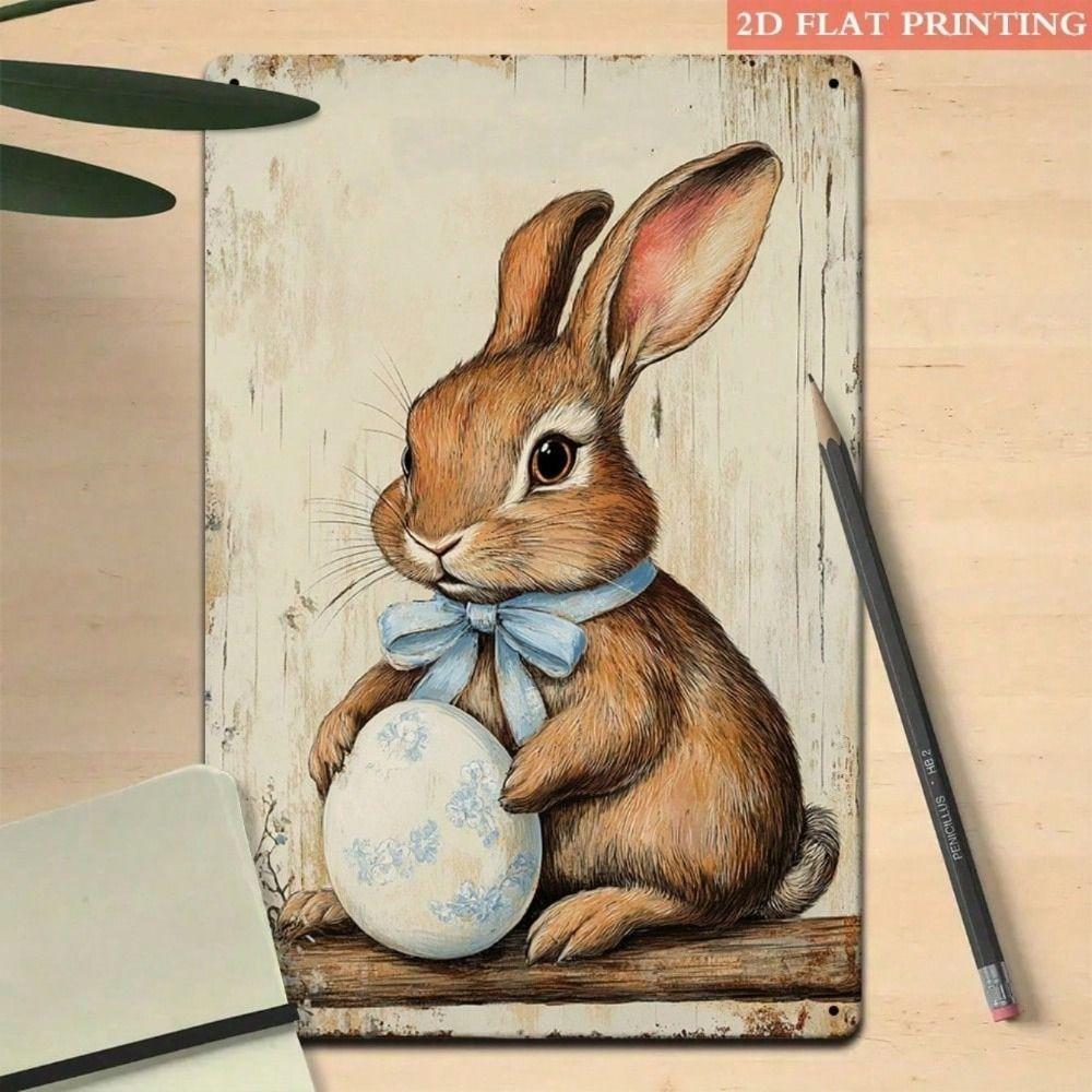 Vintage Easter Bunny Metal Tin Sign Wall Art Decor