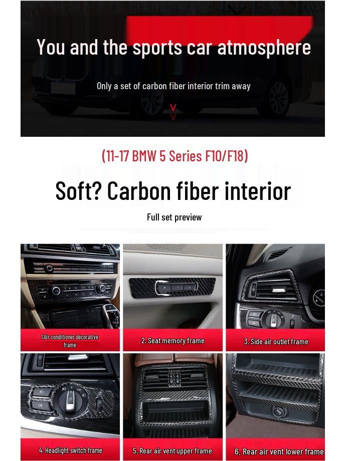 Autocolant din fibră de carbon pentru gura de ventilație pentru BMW Seria 5 F10 528/525li 2011-17 Consolă