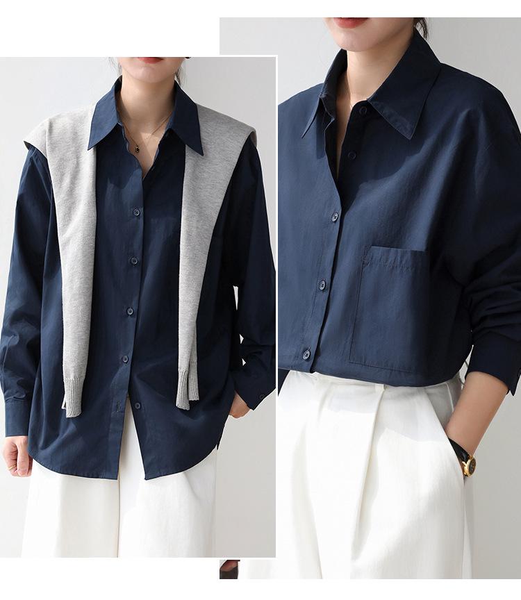 2026 Retro Korean Style Dark Blue Sun Protection Long Sleeve Shirt - Women's Slimming, Loose Fit, Simple Fashion.