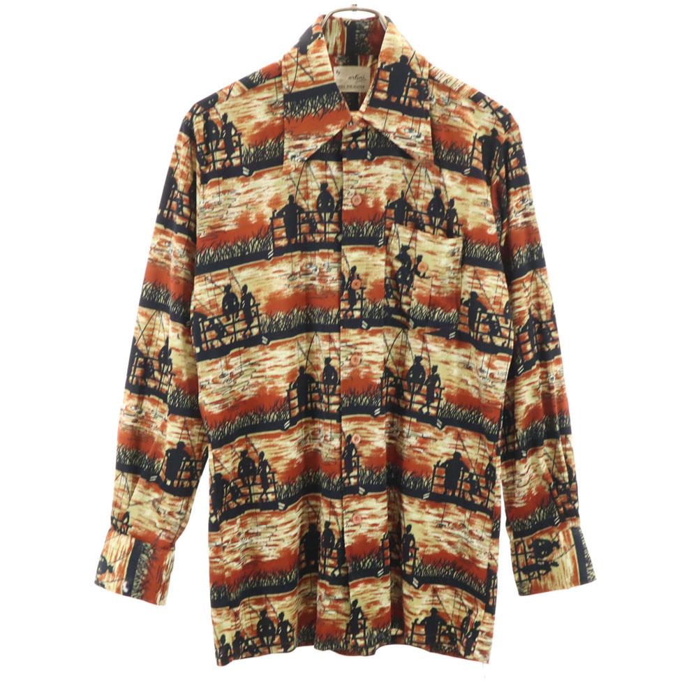 

ВИНТАЖНАЯ рубашка 70-х годов Полиэстер Общий принт Рубашка с длинным рукавом Коричневая Мужская Б/У