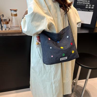 High-End bestickte Denim-Tasche Damen neue trendige Mode Schulter-Umhängetasche Pendler-Bucket-Bag