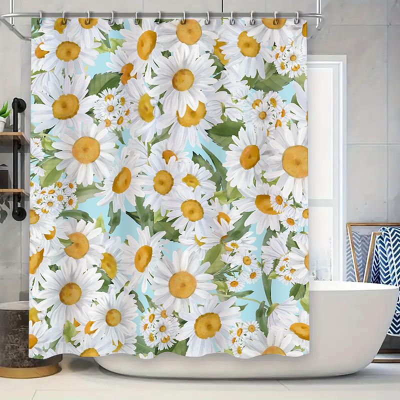 

White Flower Print Shower Curtain Waterproof Fabric Water Repellent Bathroom Decor Set With Rods (40X180Cm) W60H190(CM)-1 Pcs