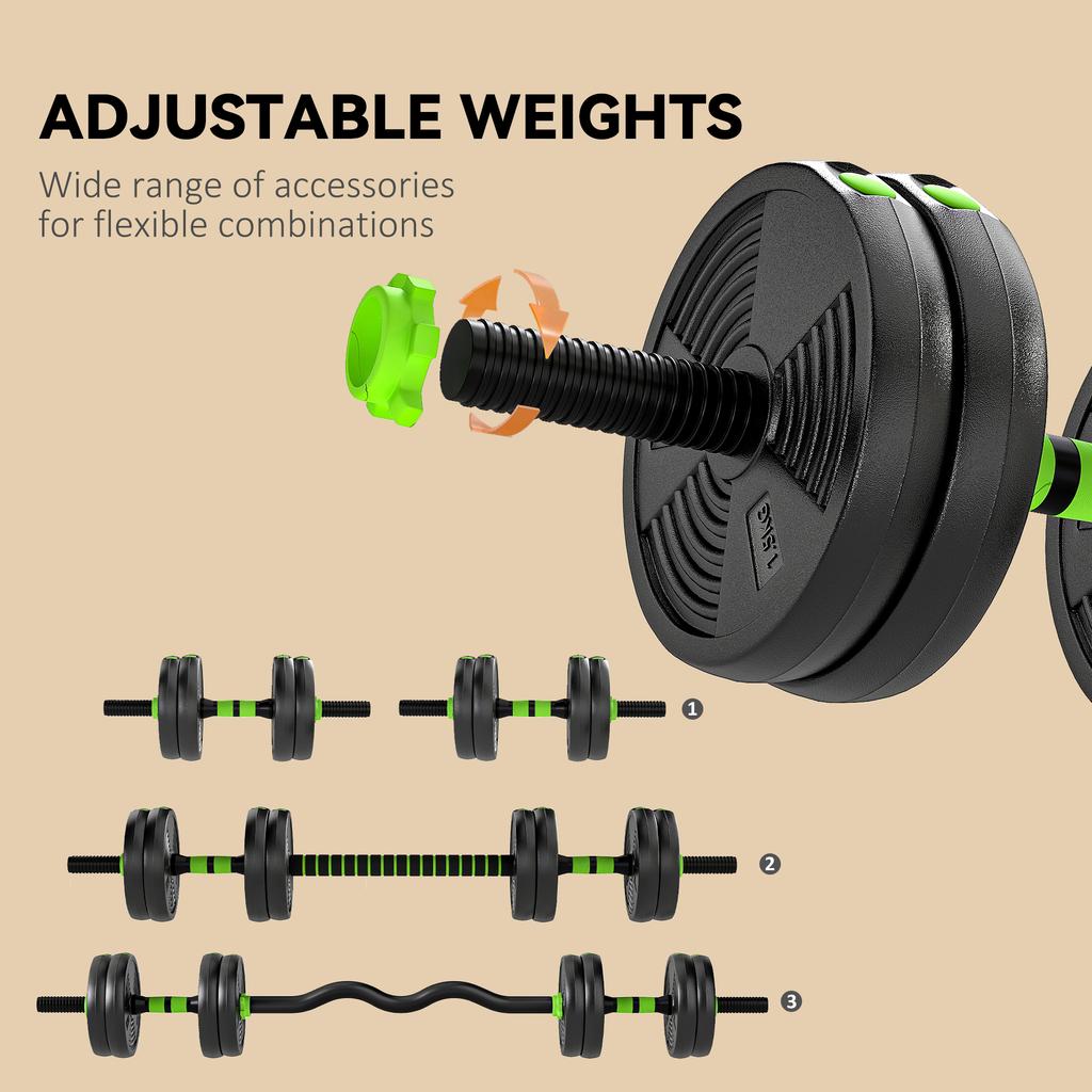 15 Kg 3-in-1 Adjustable Dumbbell & Barbell Set with EZ Bar, Connecting Rod and Non-Slip Grip for Home Gym, Green
