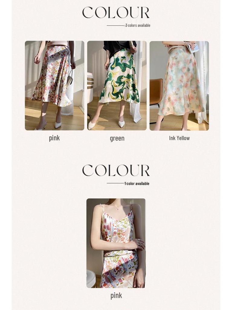 Women's High-Waist Silk A-Line Mid-Length Satin Skirt with Print