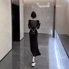 Elegant Long Slit Hepburn Black Dress for Autumn