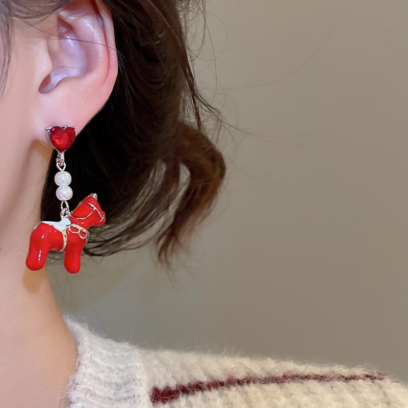Funny Red Enamel Cartoon Horse Long Dangle Earrings with Rhinestone Imitation Pearl Silver Plated Party Jewelry for Women