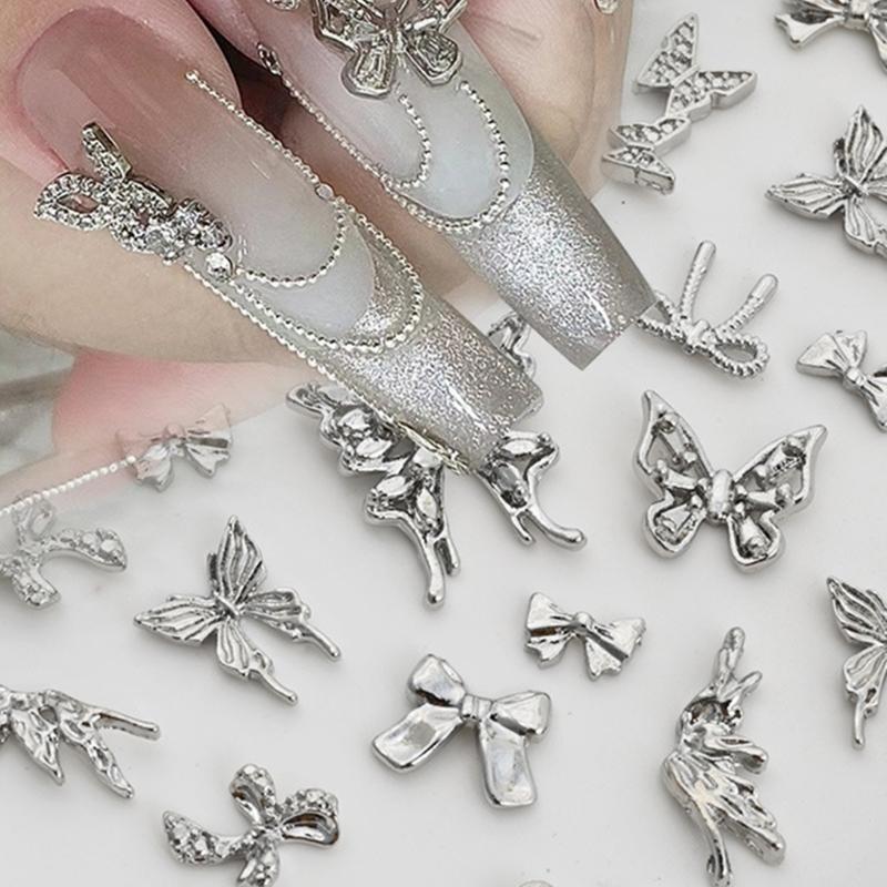 10 Pcs/Set 3D Bows Nails Charms Sparkling Butterfly Nails Charms Alloy Manicure Supplies Nails Art Decorations for Women