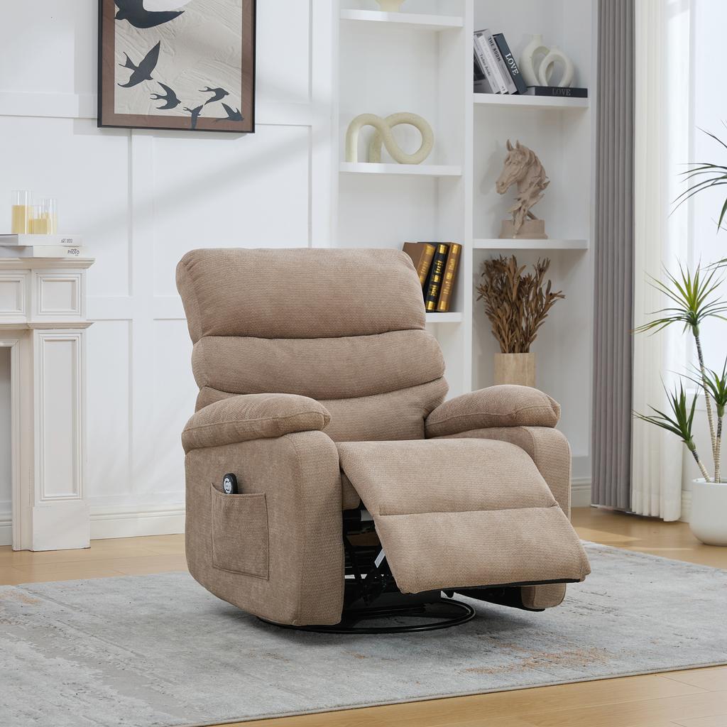 Sedia relax elettrica girevole a 360 gradi con funzione massaggio e riscaldamento, schienale e poggiapiedi regolabili manualmente, nonché tasche laterali portaoggetti