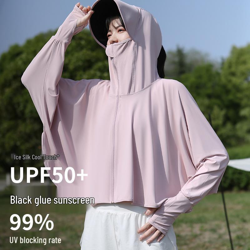 UPF50+ Anti-UV Black Sun Protection Shawl for Women, Breathable Ice Silk, Cooling Loose Fit.