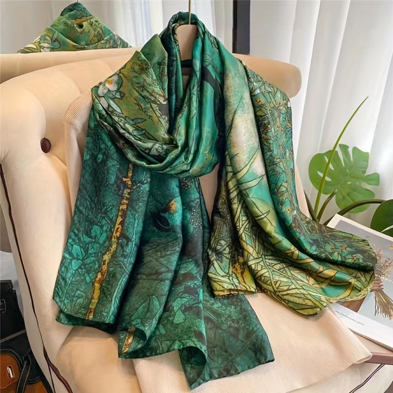 

Luxury Green Silk Scarf 90*180Cm Women Soft Smooth Scarves Head Wrap Hijab Outdoors Muffler Long Shawl Beach Towel 90X180CM