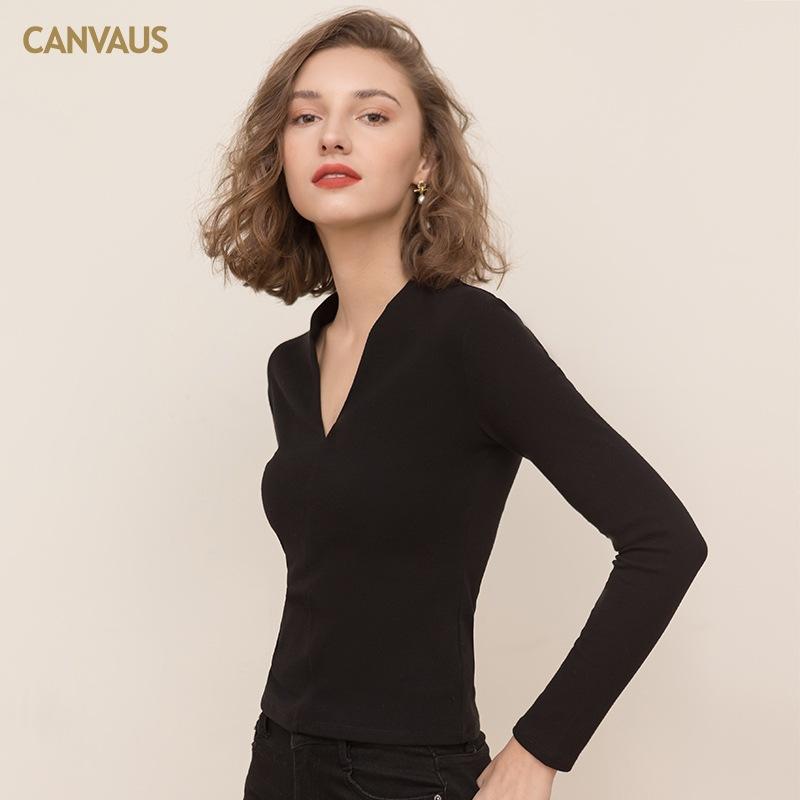 CANVAUS Koszula damska jesień/zima w nowym stylu z dekoltem w serek, długimi rękawami, bawełną, cienkim aksamitem, jednolitym kolorem, dopasowana, prosta, w europejskim stylu