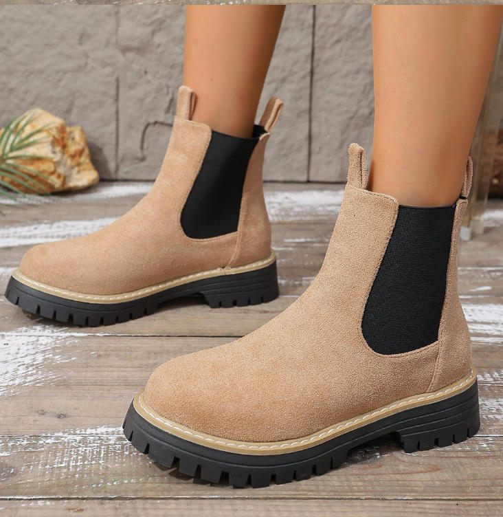Scrub Leather Women's Inside Heightening Short Boots Platform Chelsea Booties Plus Fleece Warmth Ankle Boots Botas De Mujer