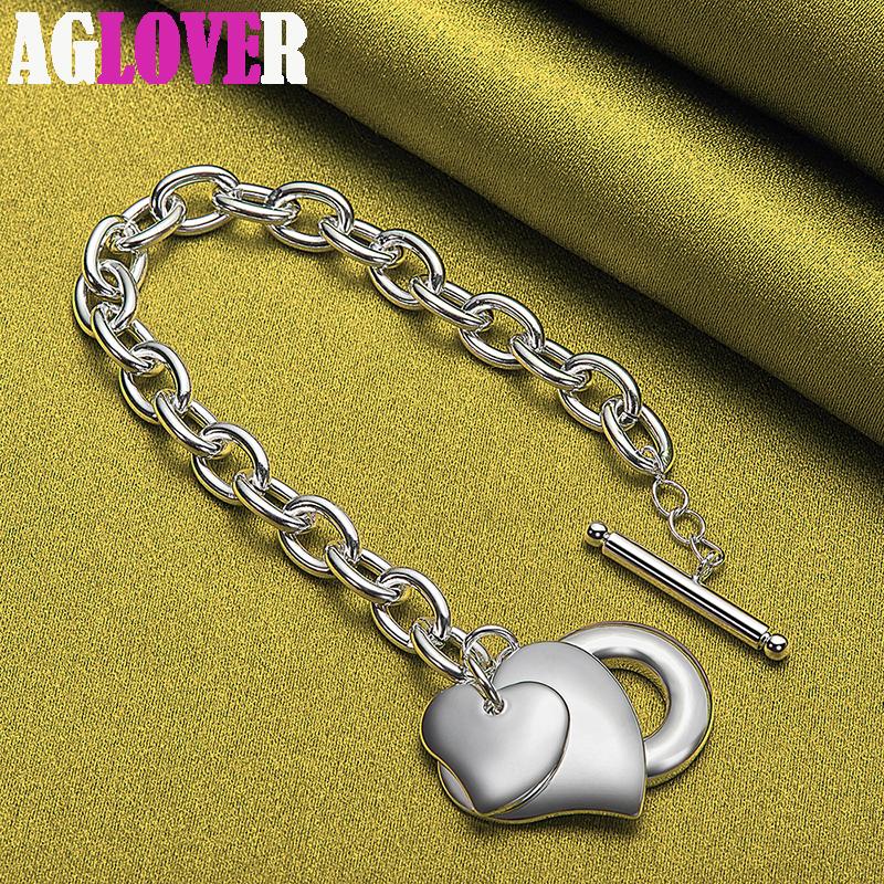 925 Sterling Silver Two Heart Pendant Bracelet Chain Jewelry