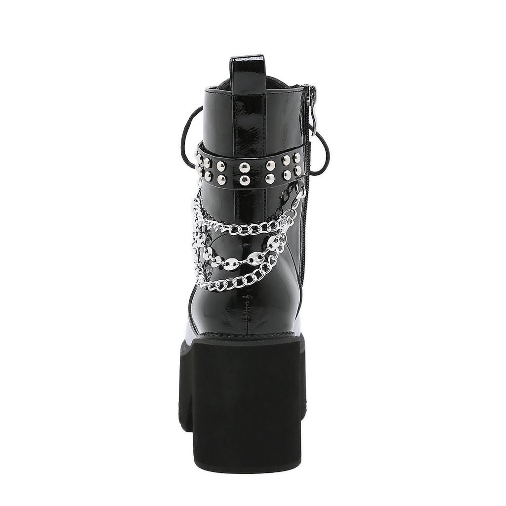 Wasserdichte Plateau-Martinsstiefel für Damen mit klobigem Absatz und dicken Sohlen, High Heels, Schnürung, Metallketten und Übergrößen erhältlich.