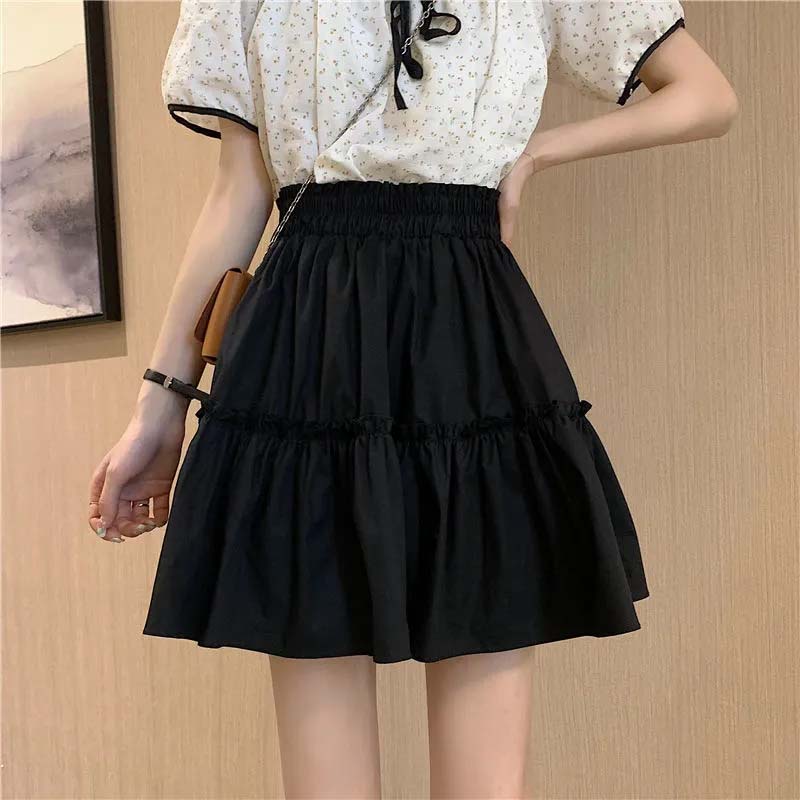 White Skirt Woman Elastic Waist Agaric Edge Solid Color A-line Skirt Sweet Lovely Preppy Style Spring and Summer