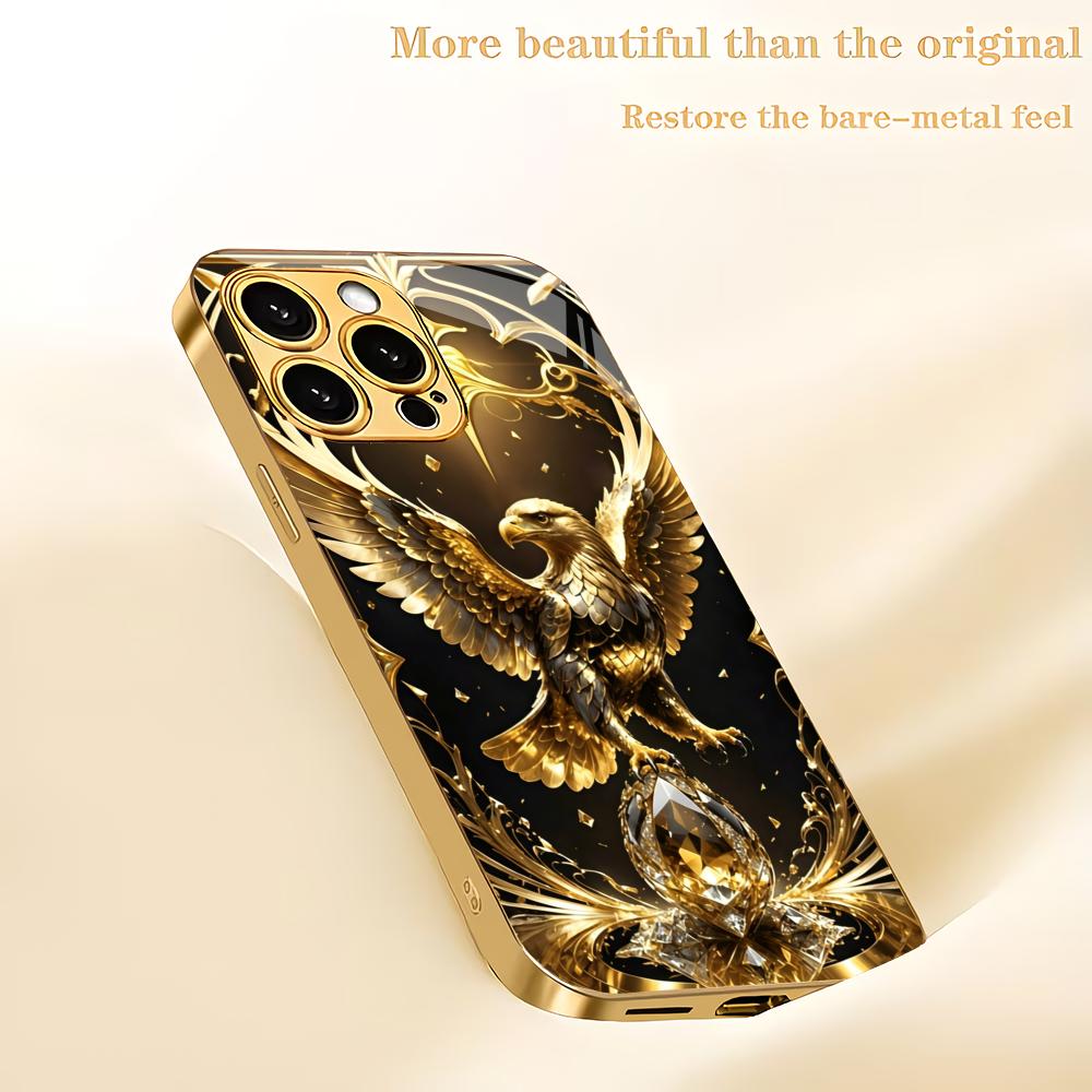 Golden Eagle Plated Glass Phone Case Suitable for iPhone 17 16 15 14 13 12 11 Pro/Max/Plus Anti Shock and Anti Drop Back Cover