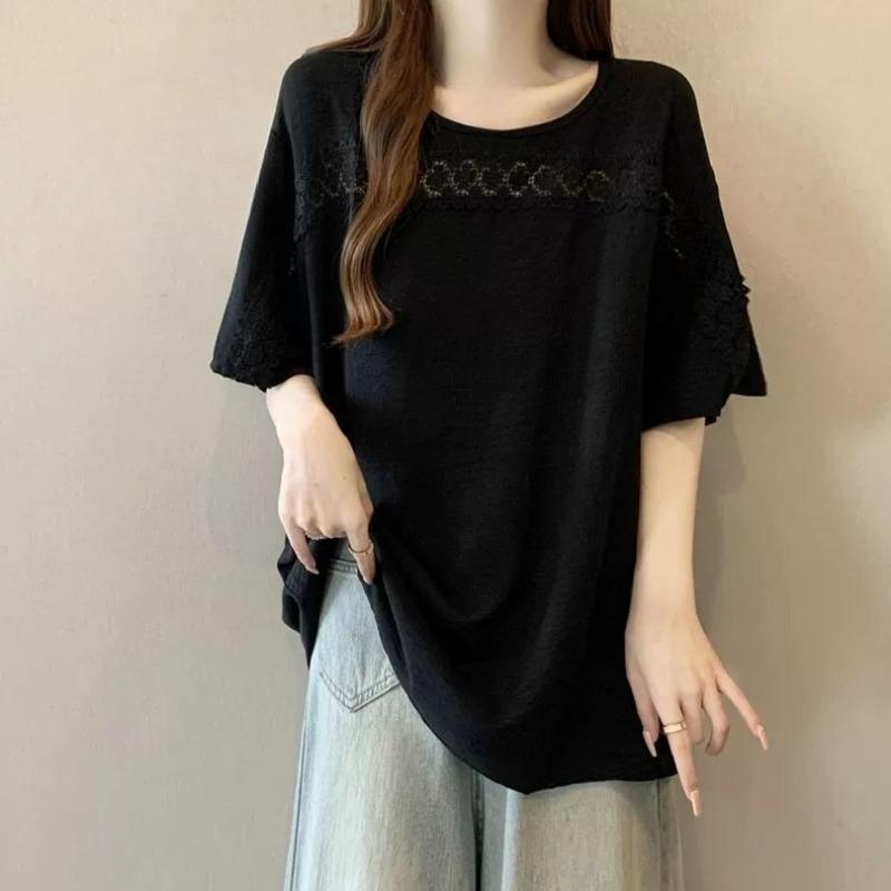 Women's Solid Color T-shirt Ladies' Lace Hollow Round Neck Short Sleeved Blouse Summer New Korean Version Loose Versatile Top