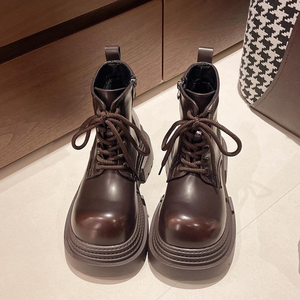 British Style Versatile Shoes Women Spring Autumn New Style Thick Sole Height Increasing Lace Up Round Toe Single Shoe