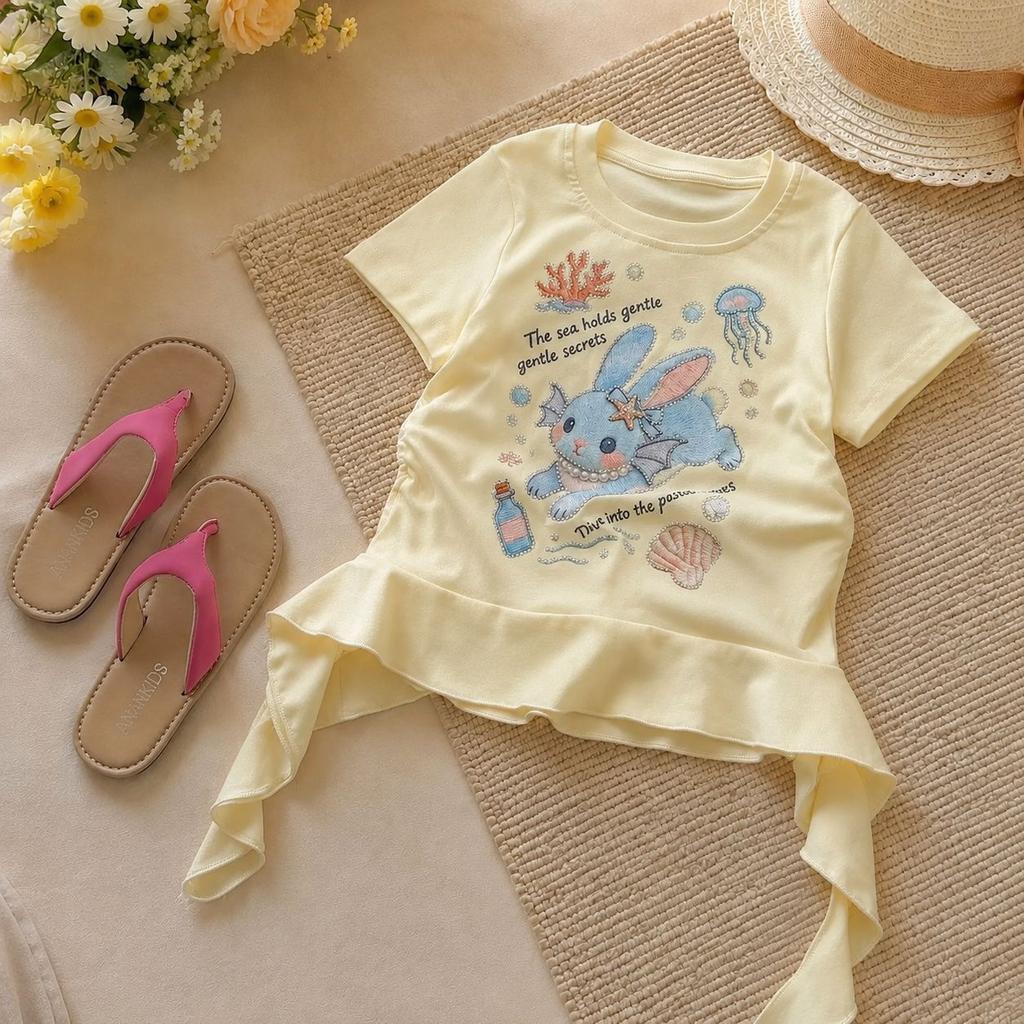 Girls Summer Short Sleeve Sweet Print Ruffle T Shirt