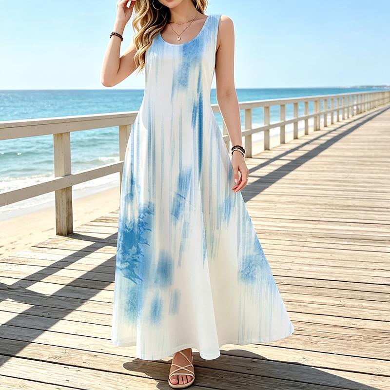 Coastal Resort Long Dress,Sleeveless Light Blue Gradient Tie Dye Pattern U Neck Sundress
