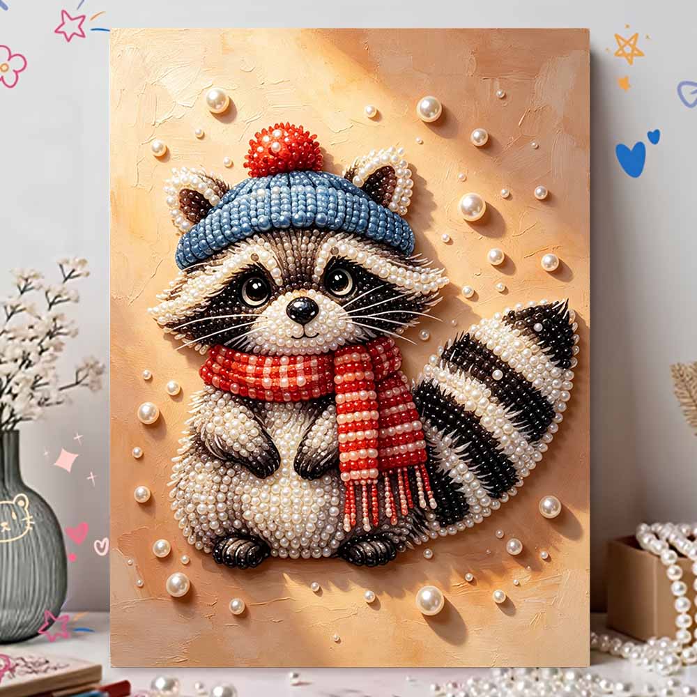 DIY Pearl Bead Painting Kit Cute Raccoon Winter Hat Scarf Stress Relief Craft Frameless 3D Canvas Art for Adults Home Decoration Gift