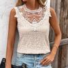 Kvinner Vår Sommer Elegant Blonder Patchwork O-Hals Hul Topp Ensfarget Heklet Camisole Topp Pullover Skjorte S-XL