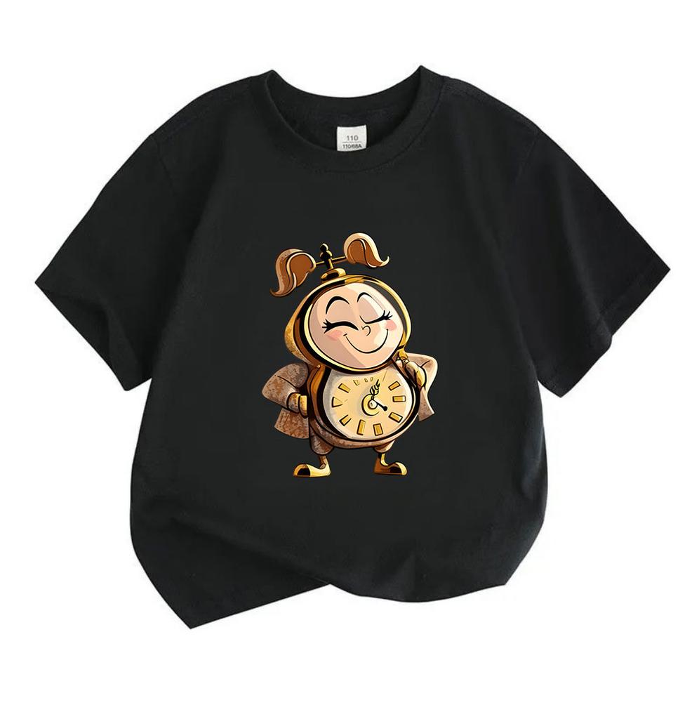 Kids Boys Girls 100% Cotton Crew Neck Short Sleeve T-Shirt, Cute Cartoon Clock Girl Printed Casual Soft Tee for Daily Wear