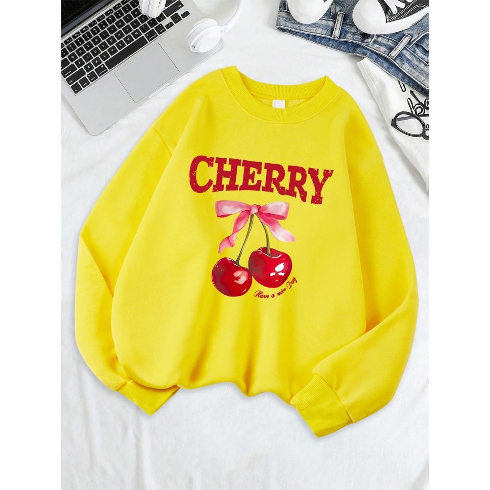Cherry Pink Bow Have A Nice Day Prints Sweatshirts Women Warm Comfortable Hoodie O-Neck Tops Winter Casual Clothes