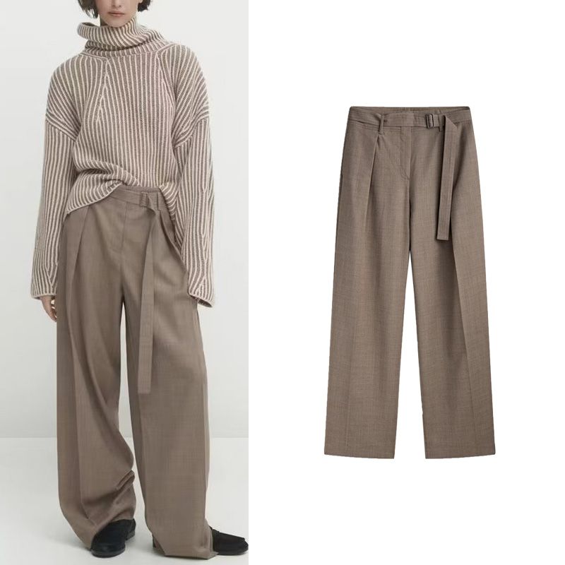 MD New Fall Women's Clothing Fashion Casual Laid-Back Style Loose Waist Belt Pleated Wide Leg Pants 5092722