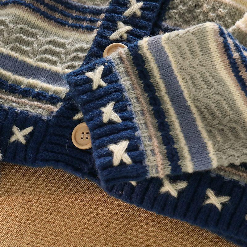 Chic Women's Vintage Color Block Knit Cardigan & High Waist Jeans Set for Autumn/Winter