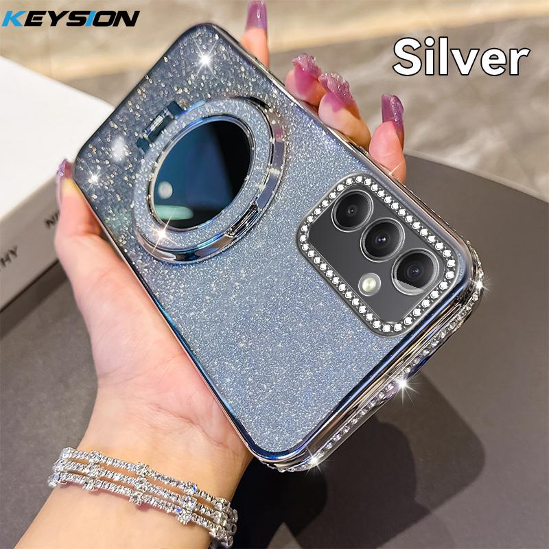 KEYSION Luxury Glitter Jewelled Magnetic Phone Case for Samsung Galaxy A54 5G A34 A24 A14 Makeup Mirror Stand Shockproof Cover