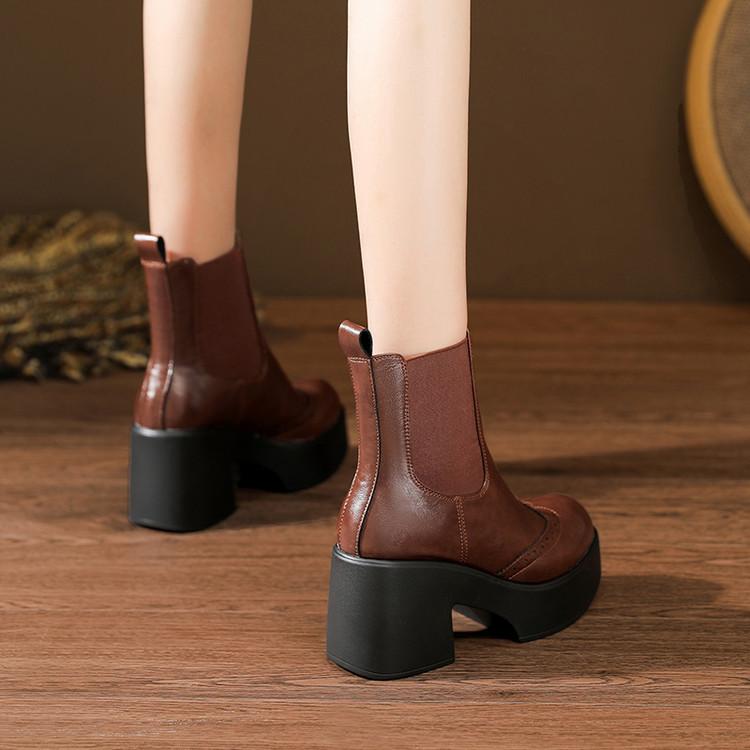 Muffin Sole Thick Heel Leather Martin Boots 2025 Autumn and Winter New Hand-scratched Brown Waterproof Table High Heel Chelsea Boots